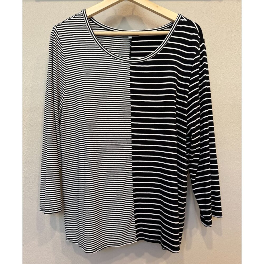 Habitat Black White Stripe Pullover Tunic Blouse Large Long Sleeves Lagenlook